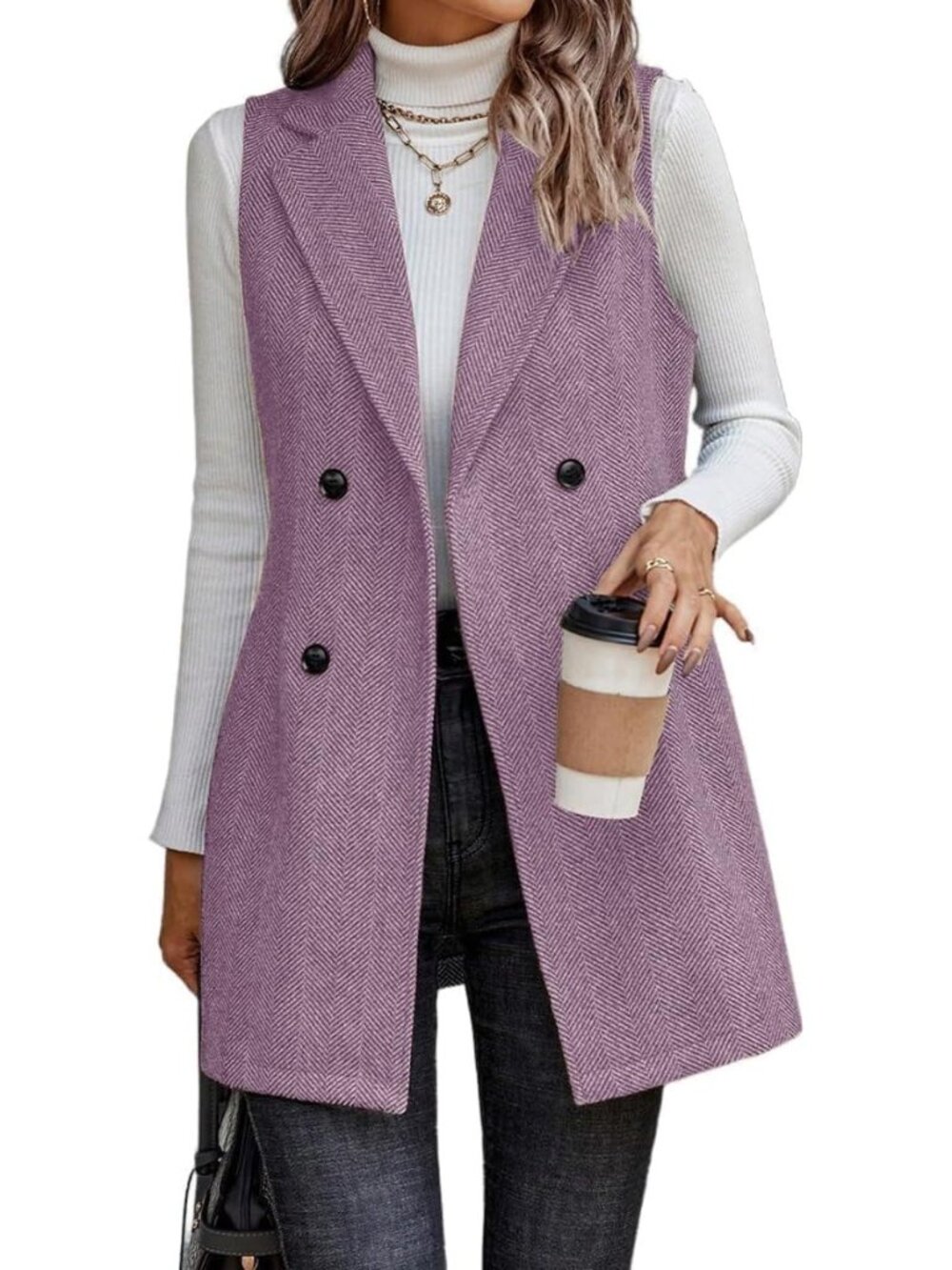 Women Purple Notch Collar Sleeveless Cardigan Outerwear Tweed Blazer Fall Jacket